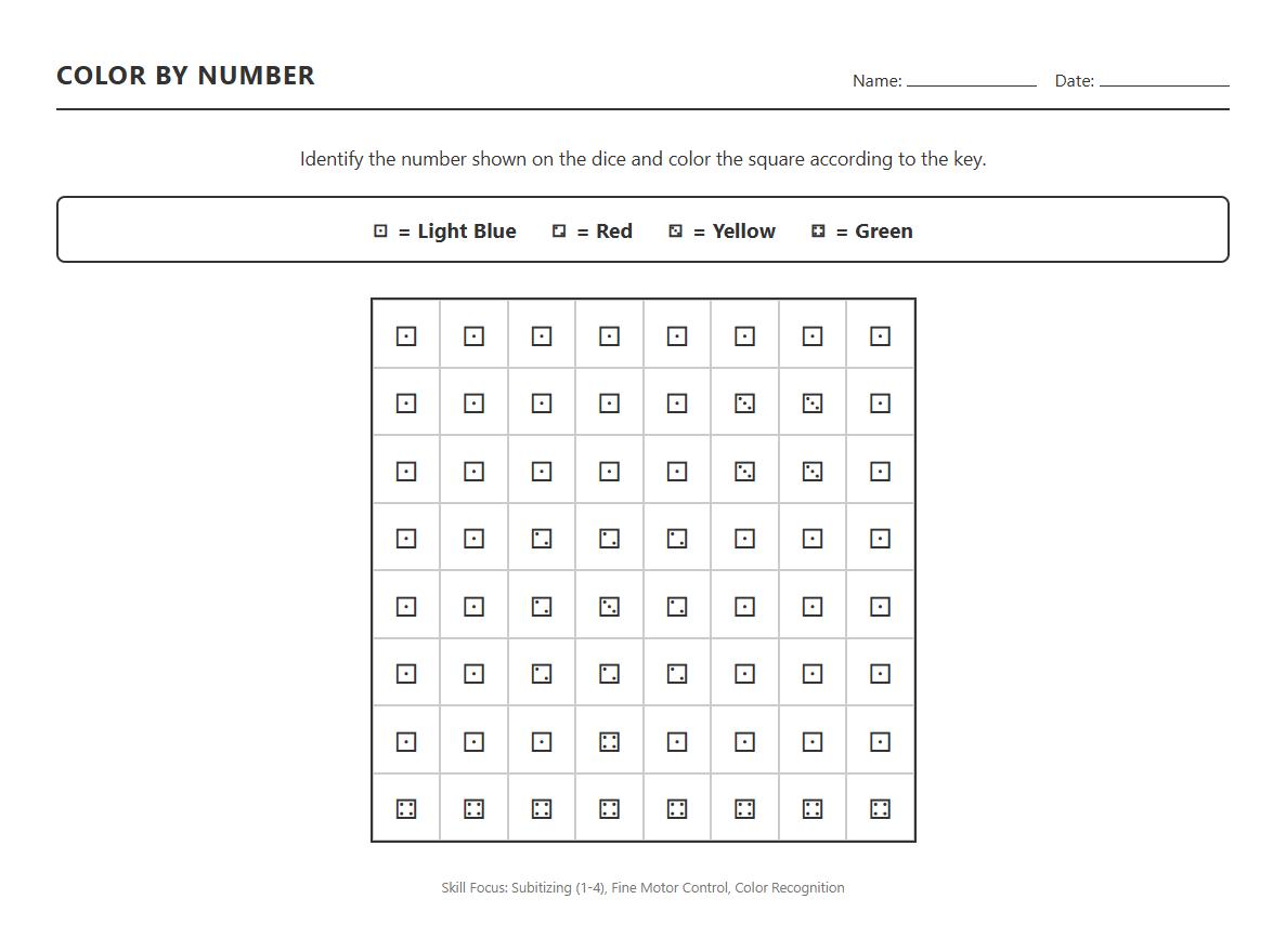 Color by Number Worksheet for Subitizing Numbers