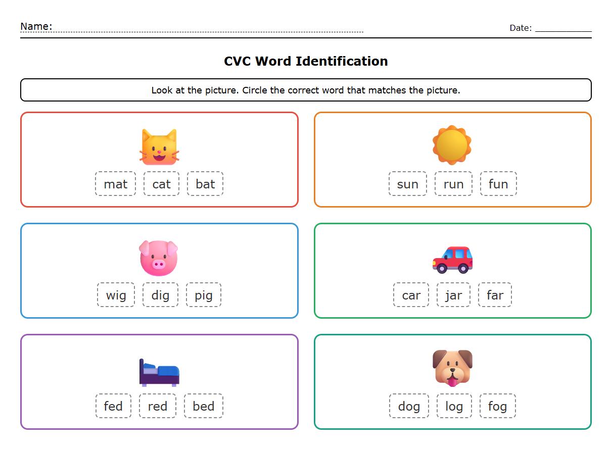 Colorful CVC Word Identification Exercise
