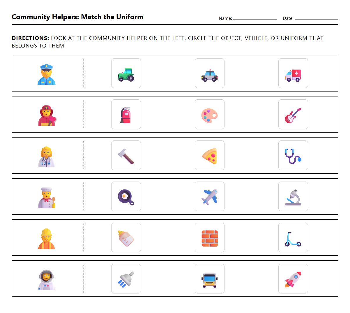 Community Helpers Uniform Identification Visual Perception Task
