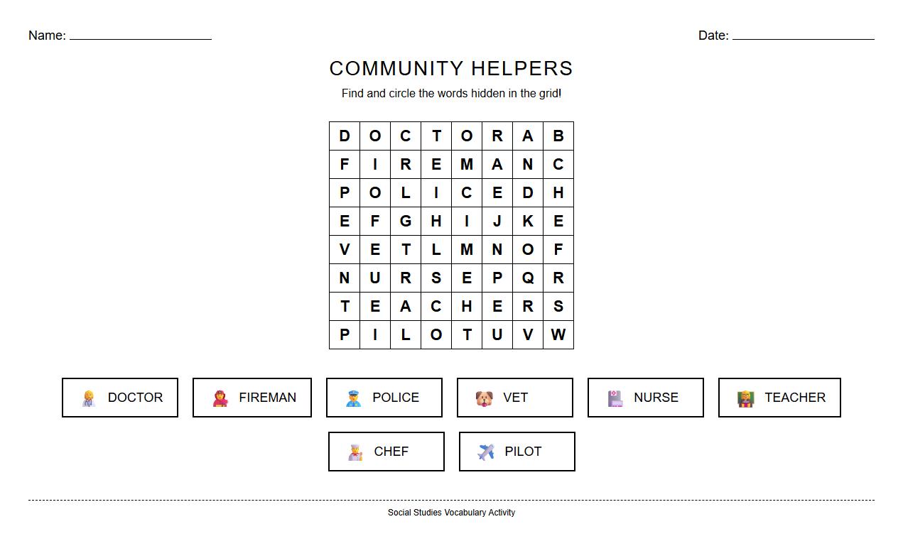 Community Helpers Vocabulary Word Search