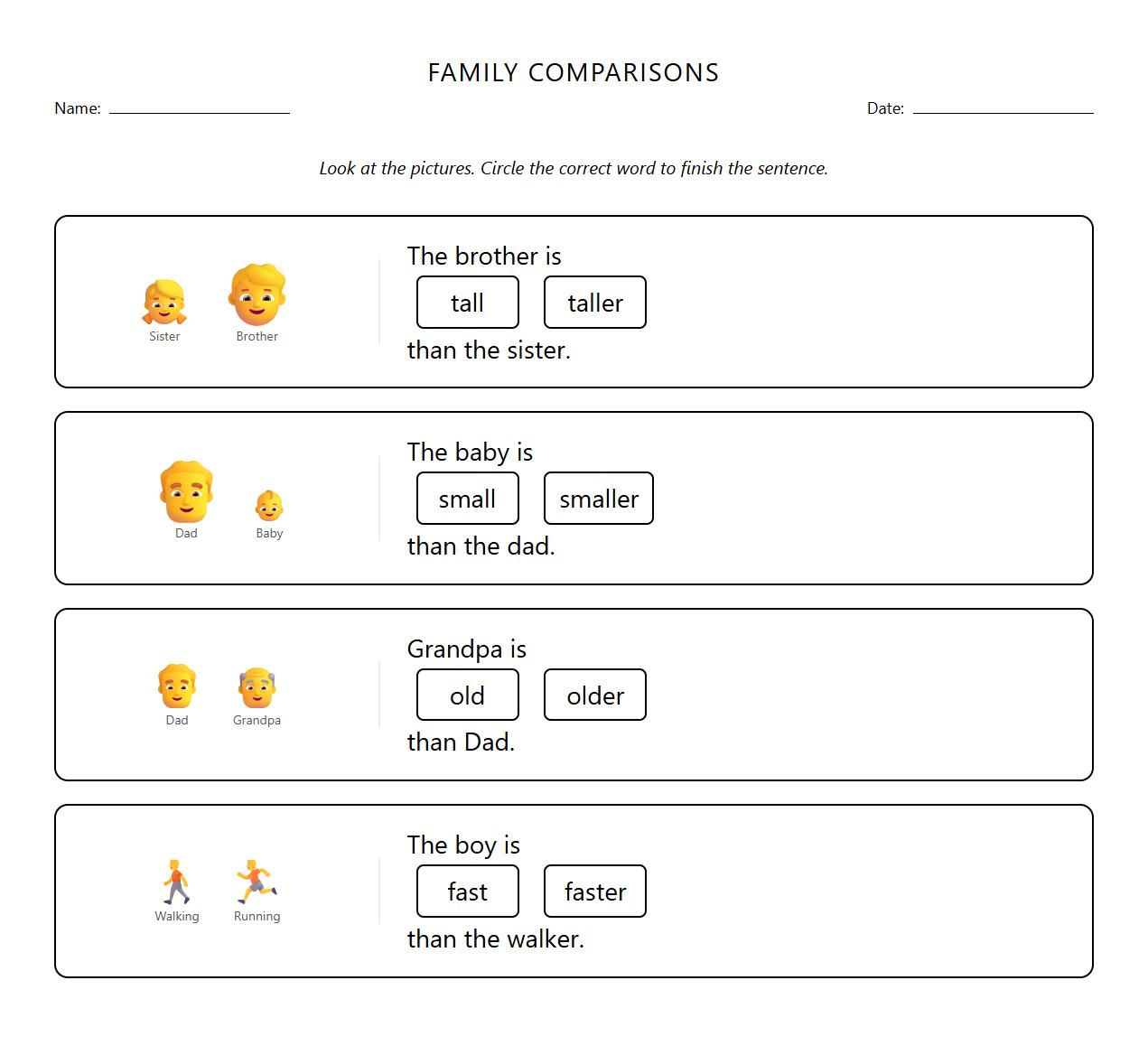Comparative Adjectives Worksheet for Describing Family Members