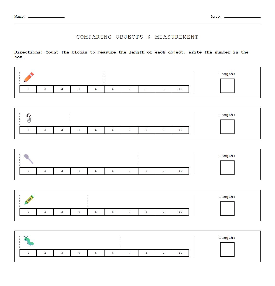 Comparing Objects with Measurement Lines Worksheet
