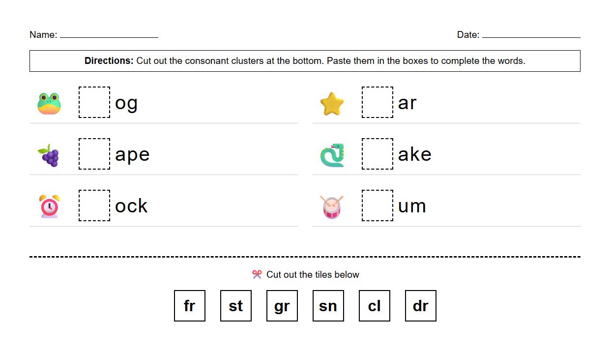 Consonant Cluster Word Building Cut and Paste Exercise