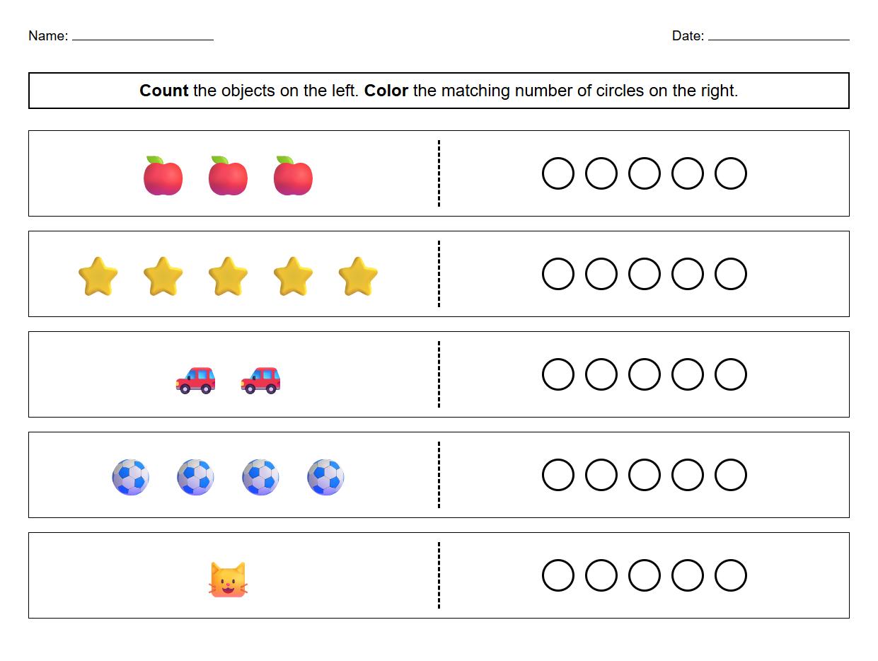 Count and Color Objects Page for One to One Correspondence