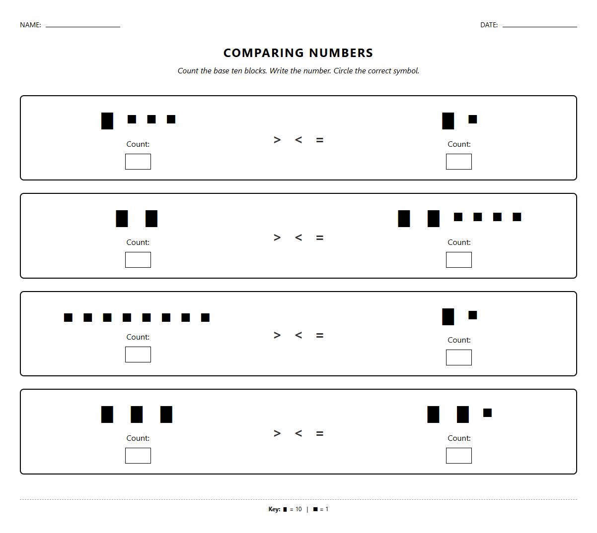 Counting and Comparison Worksheet with Visual Objects for More Versus Less using base ten blocks