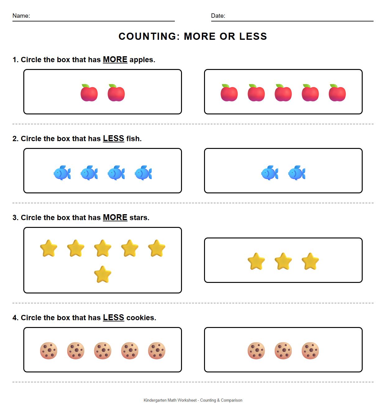 Counting Objects and Circling More or Less Worksheet