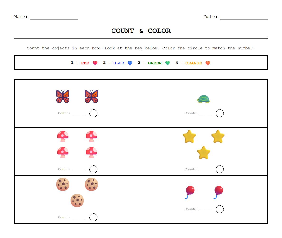 Counting Objects Fine Motor Color by Number Page