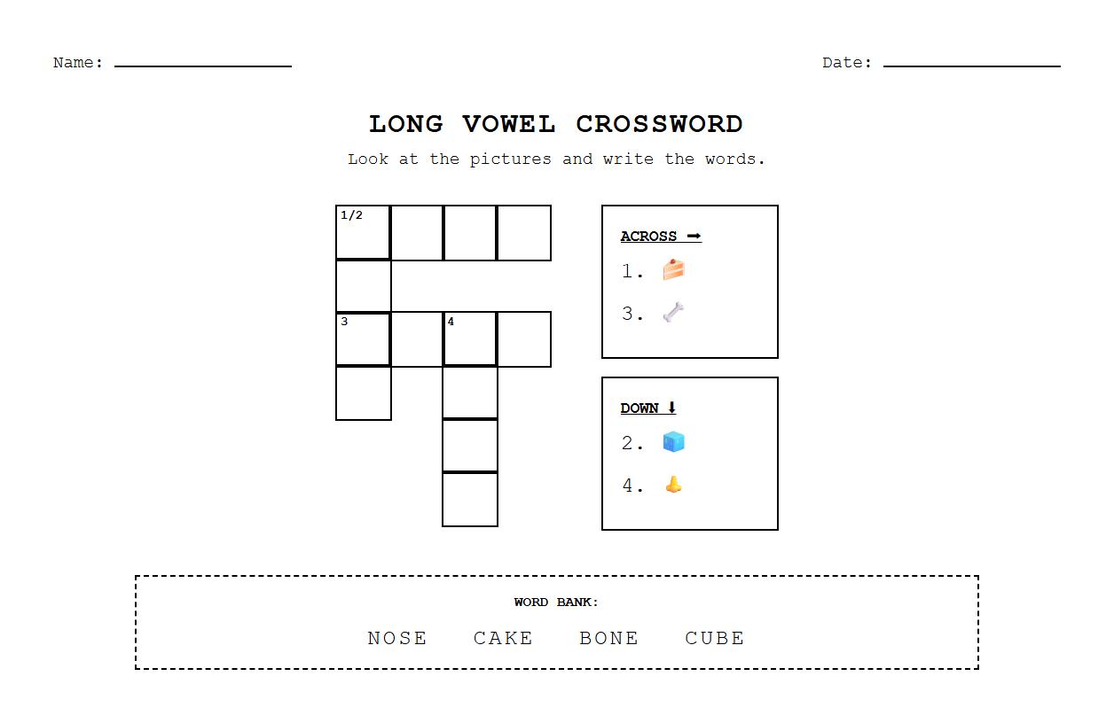 Crossword puzzle focusing on long vowel phoneme awareness