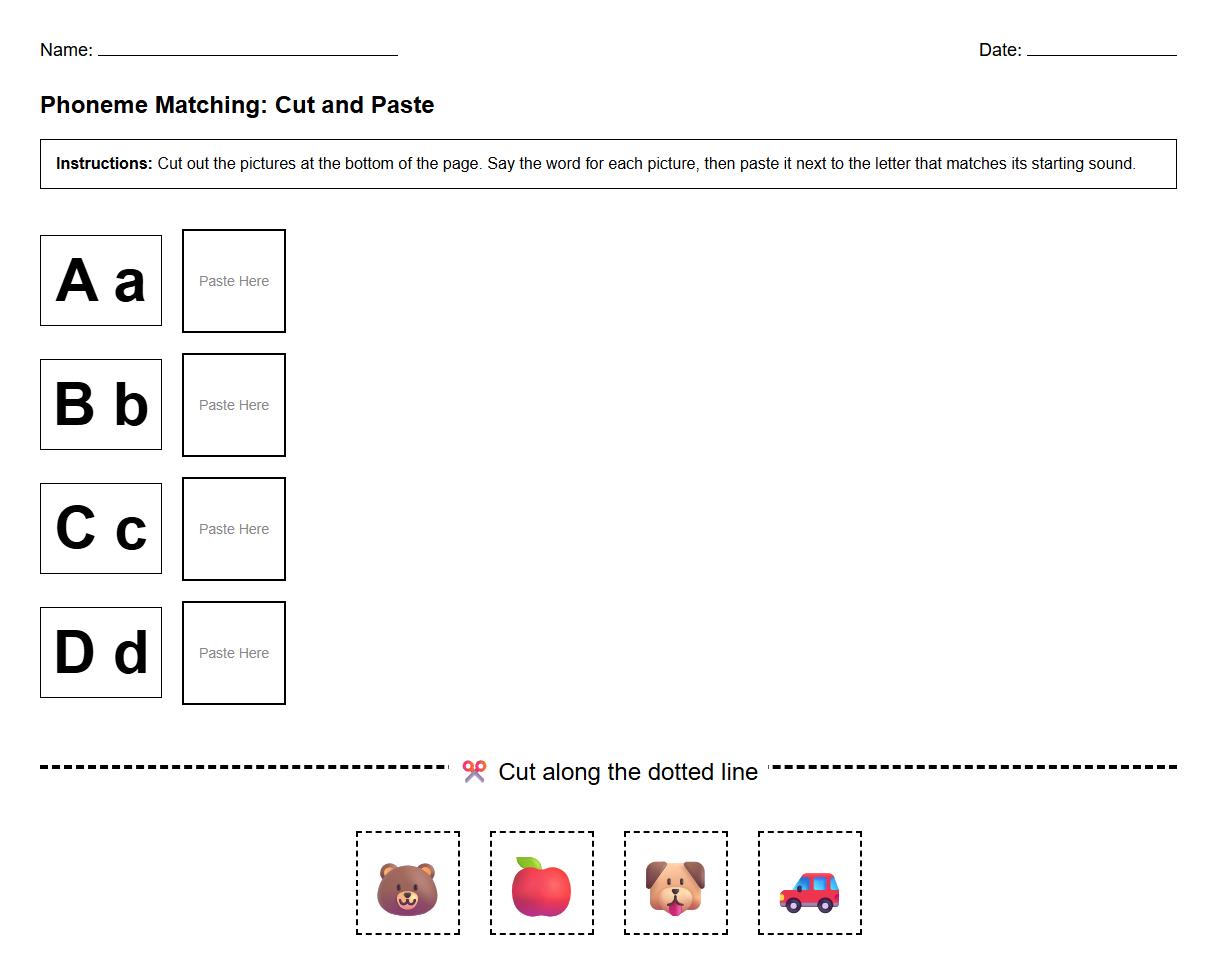 Cut and Paste Activity with Phoneme Matching Instructions