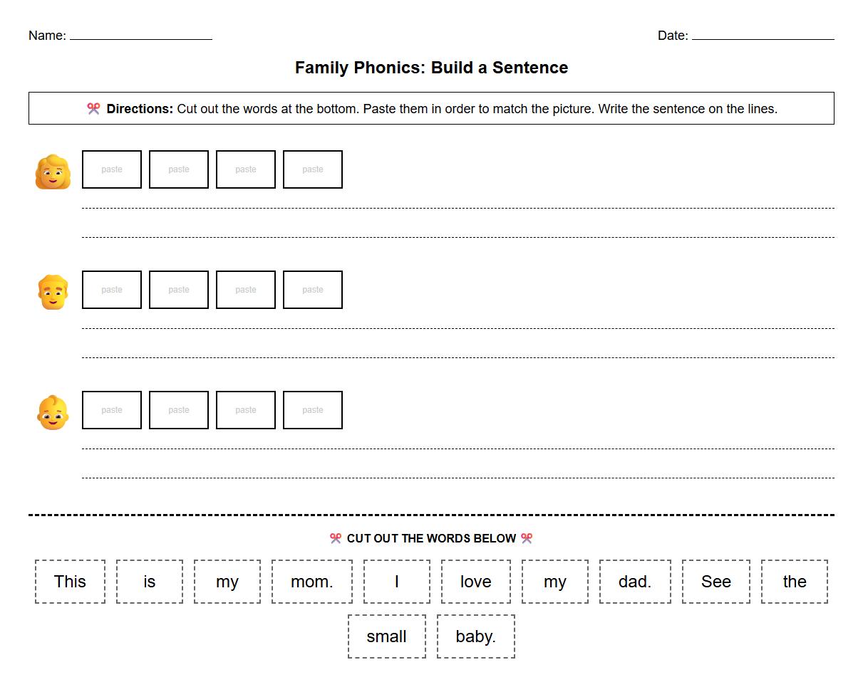 Cut and Paste Family Words to Build Sentences Phonics Page
