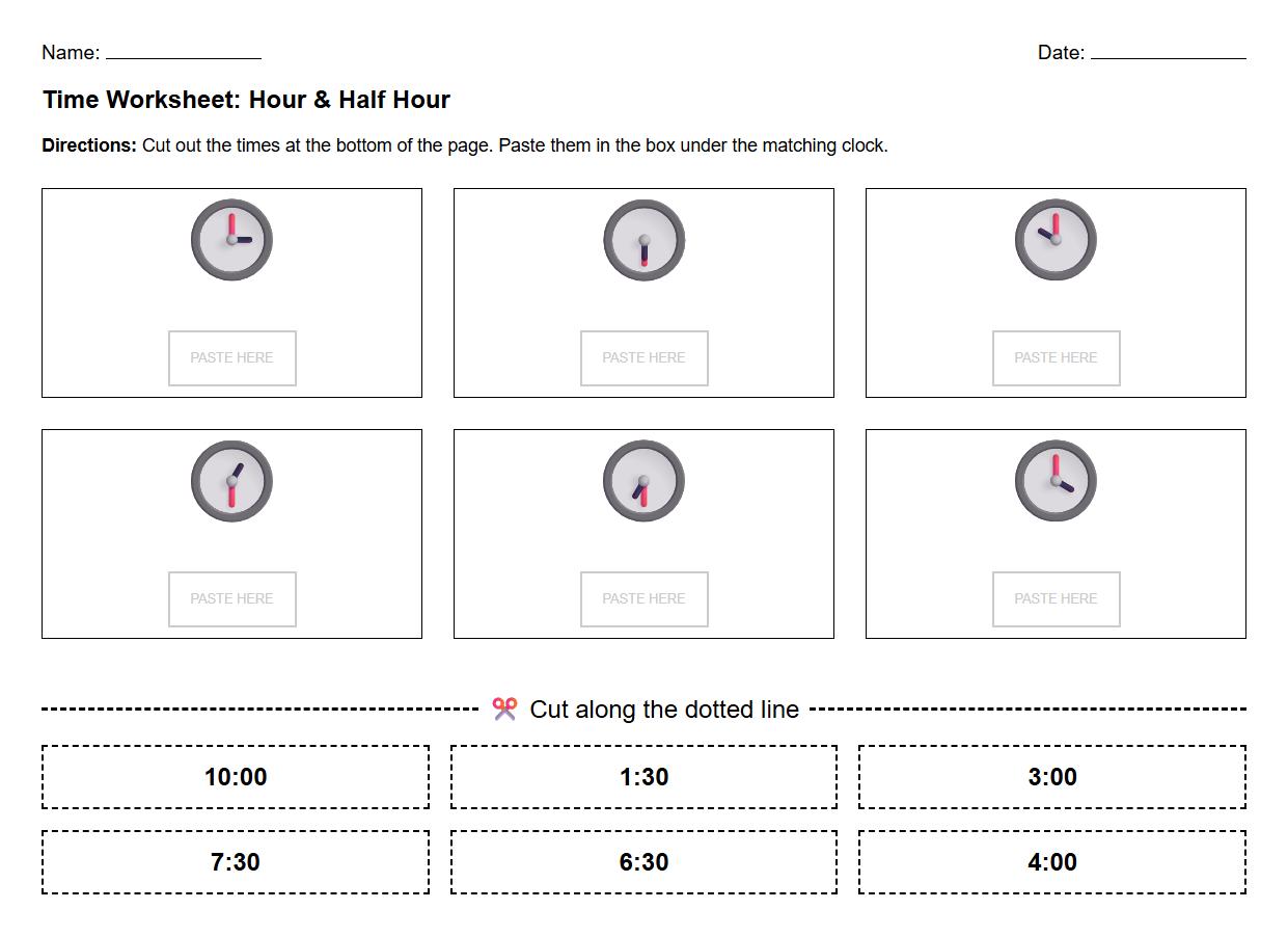 Cut and Paste Hour and Half Hour Clocks Worksheet