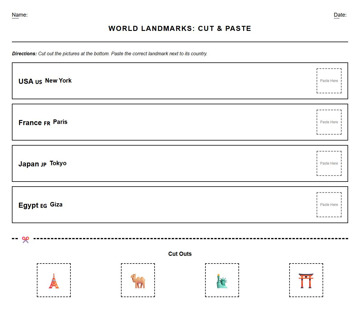Cut and Paste Landmark Location Worksheet for Geography Skills