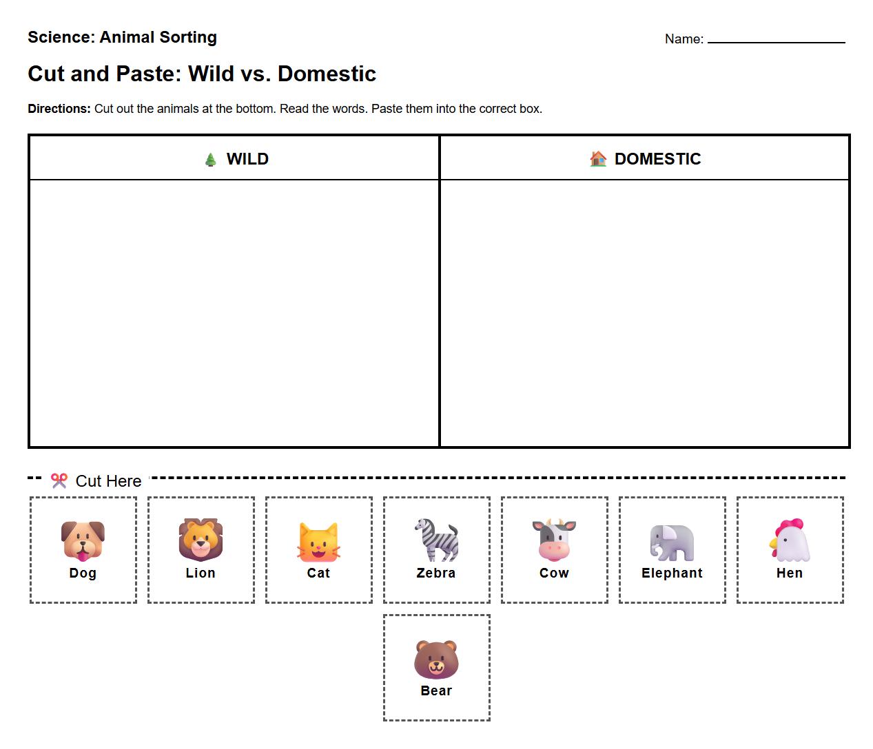 Cut and Paste: Phonics Sorting Wild vs Domestic Animals