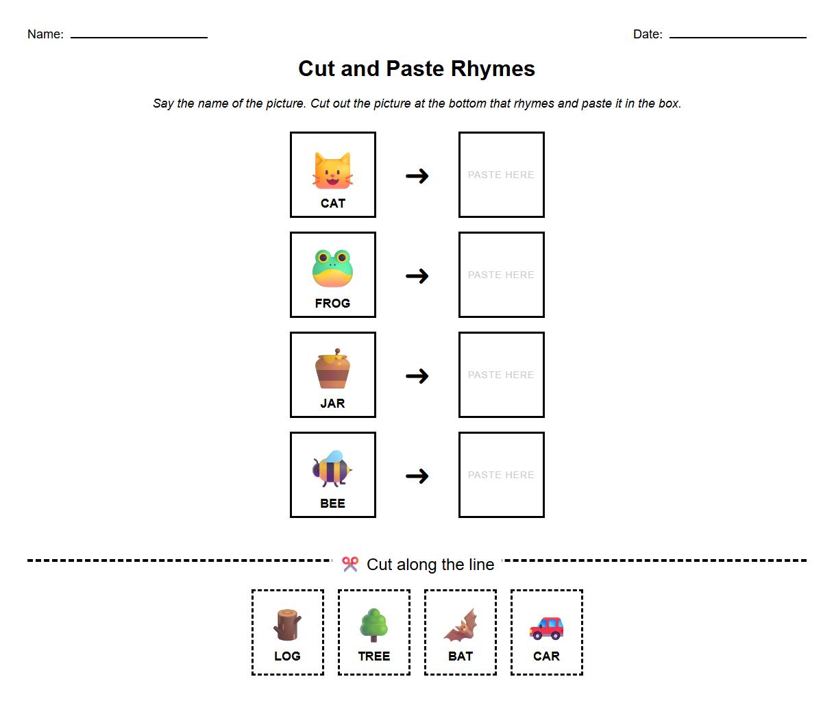 Cut and Paste Rhyming Words Mats for Phonics Recognition