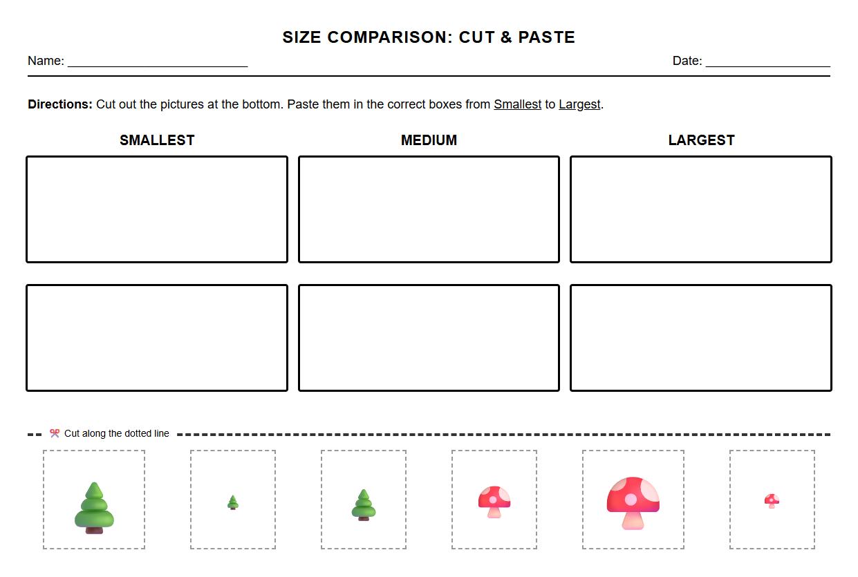 Cut and Paste Size Comparison Worksheet