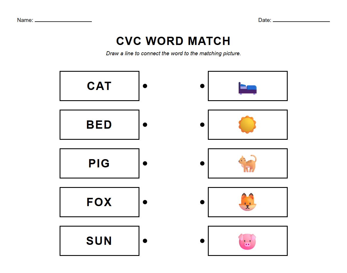 CVC Matching Words to Pictures Worksheet