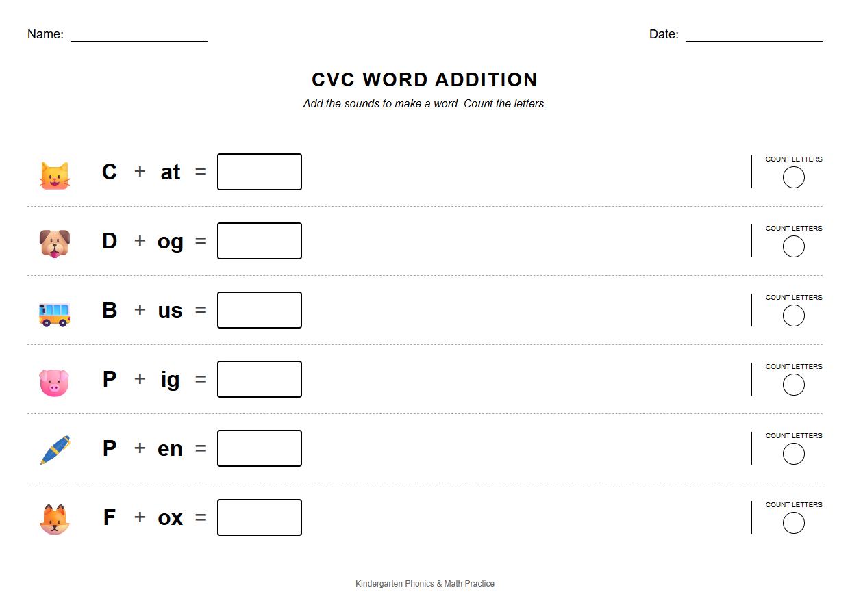 CVC Word Addition Worksheet with Phonics Practice