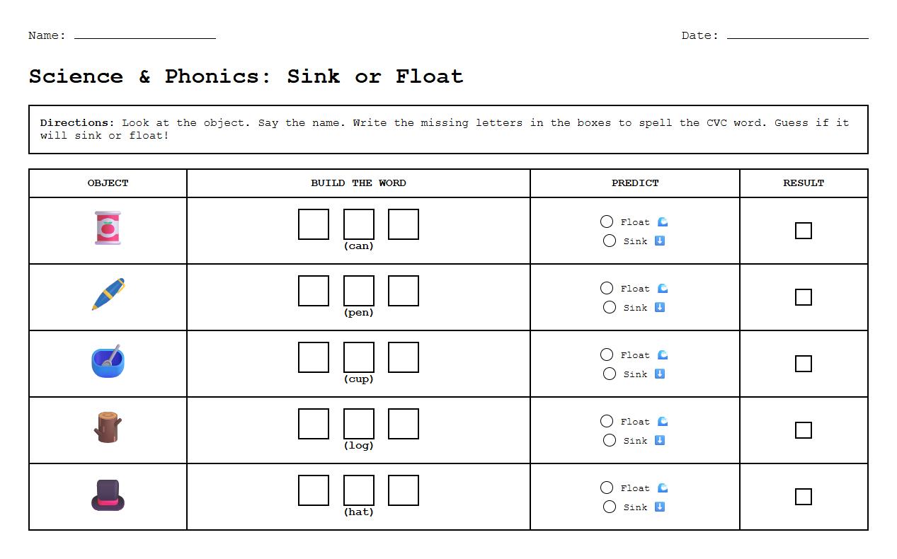 CVC Word Building with Buoyant Materials Worksheet