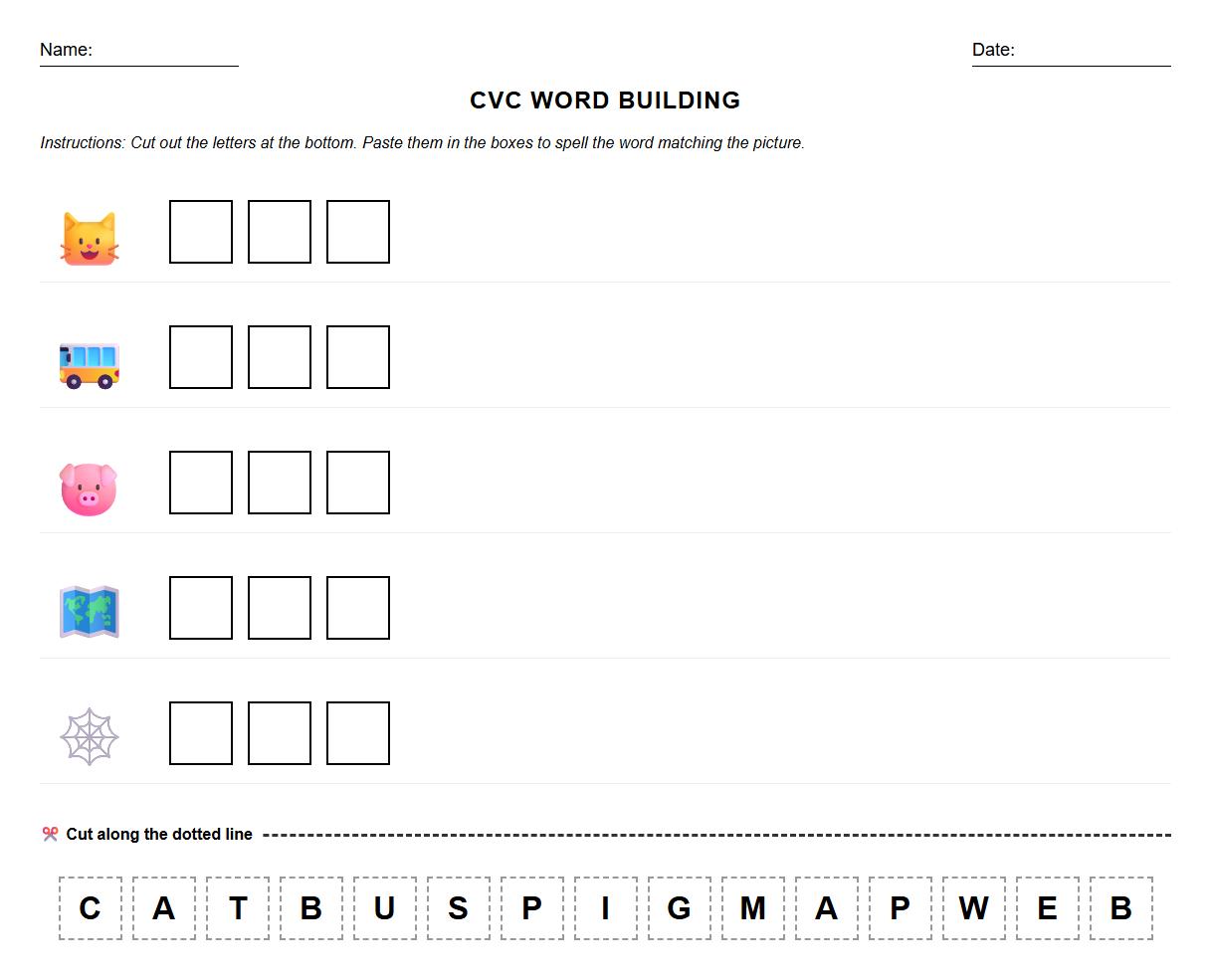 CVC Word Building Cut and Paste Phonics Exercise