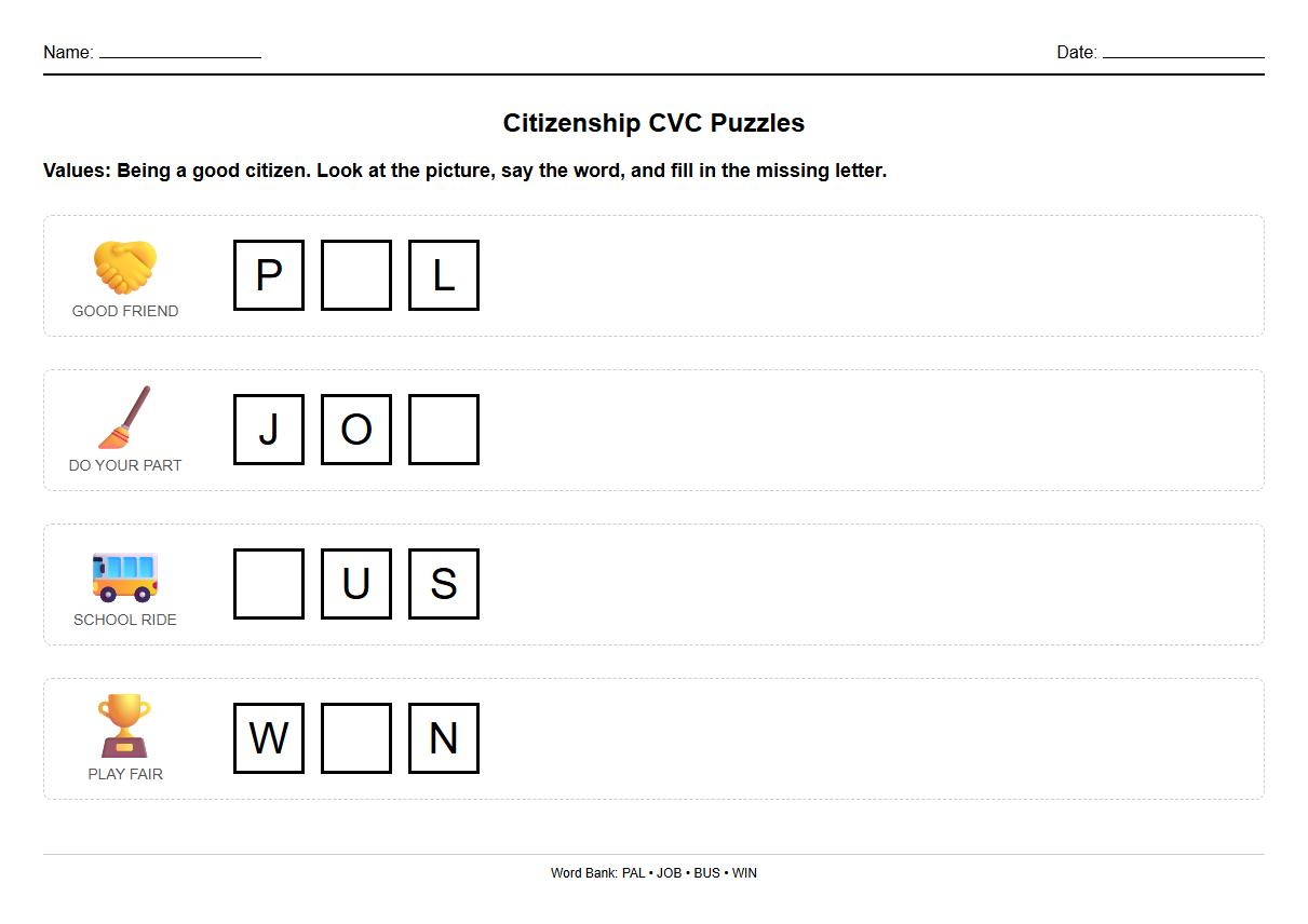 CVC Word Phonics Puzzle Using Citizenship Values Worksheet