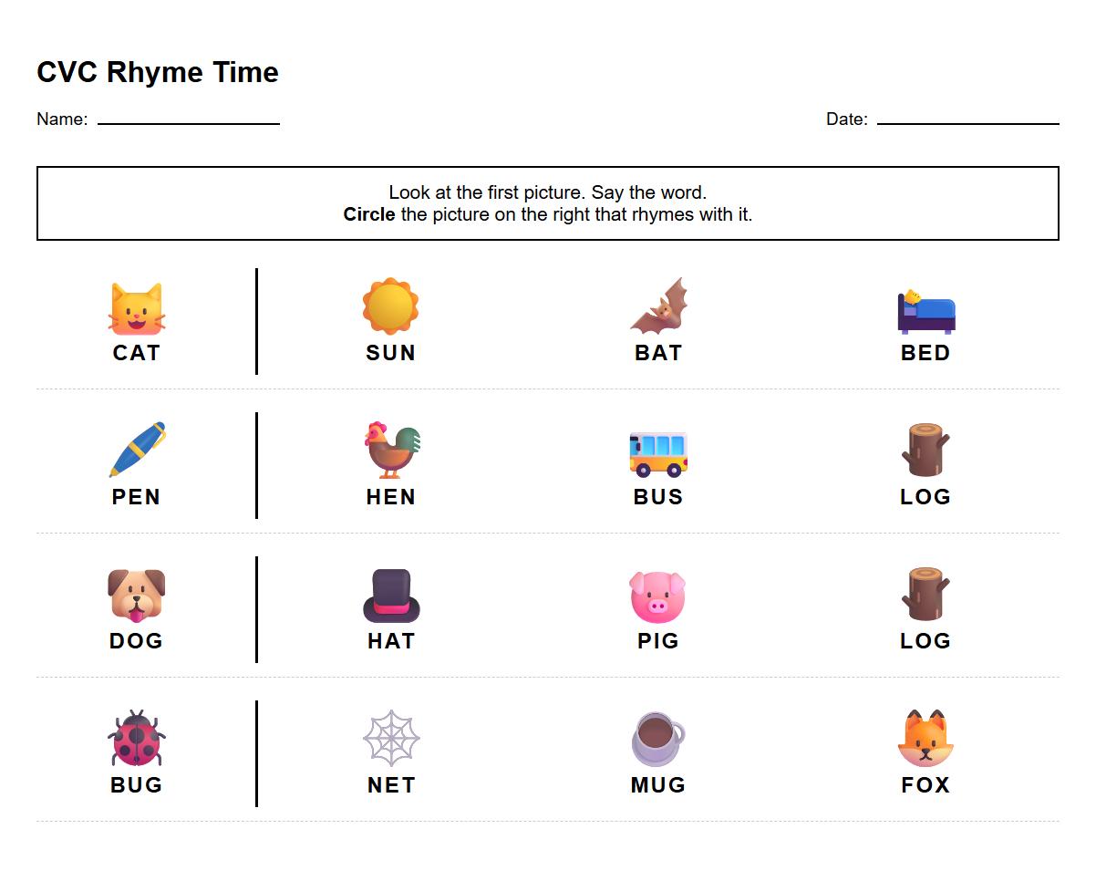 CVC Words Rhyme Recognition Sheet