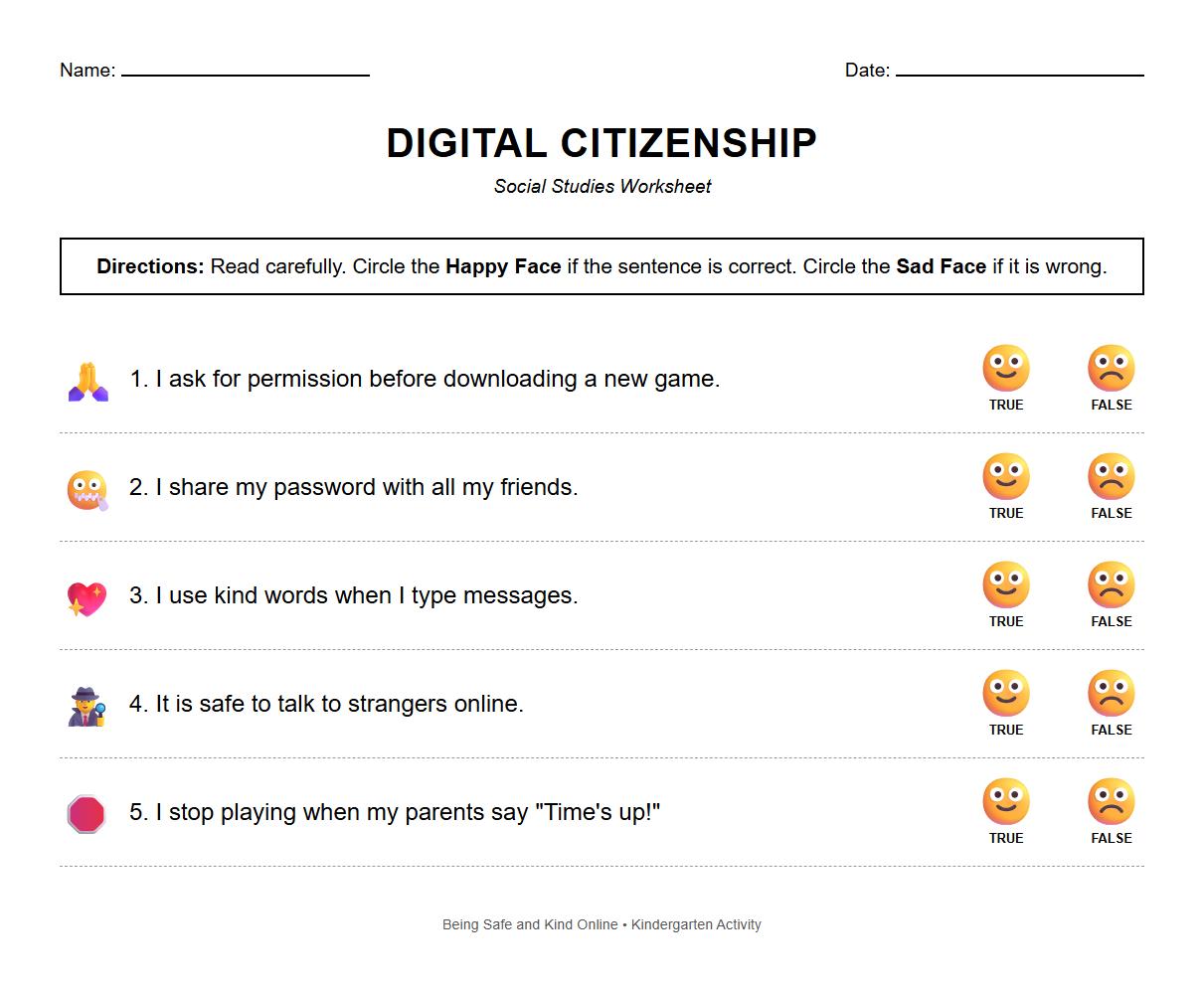Digital Etiquette and Citizenship True or False Worksheet