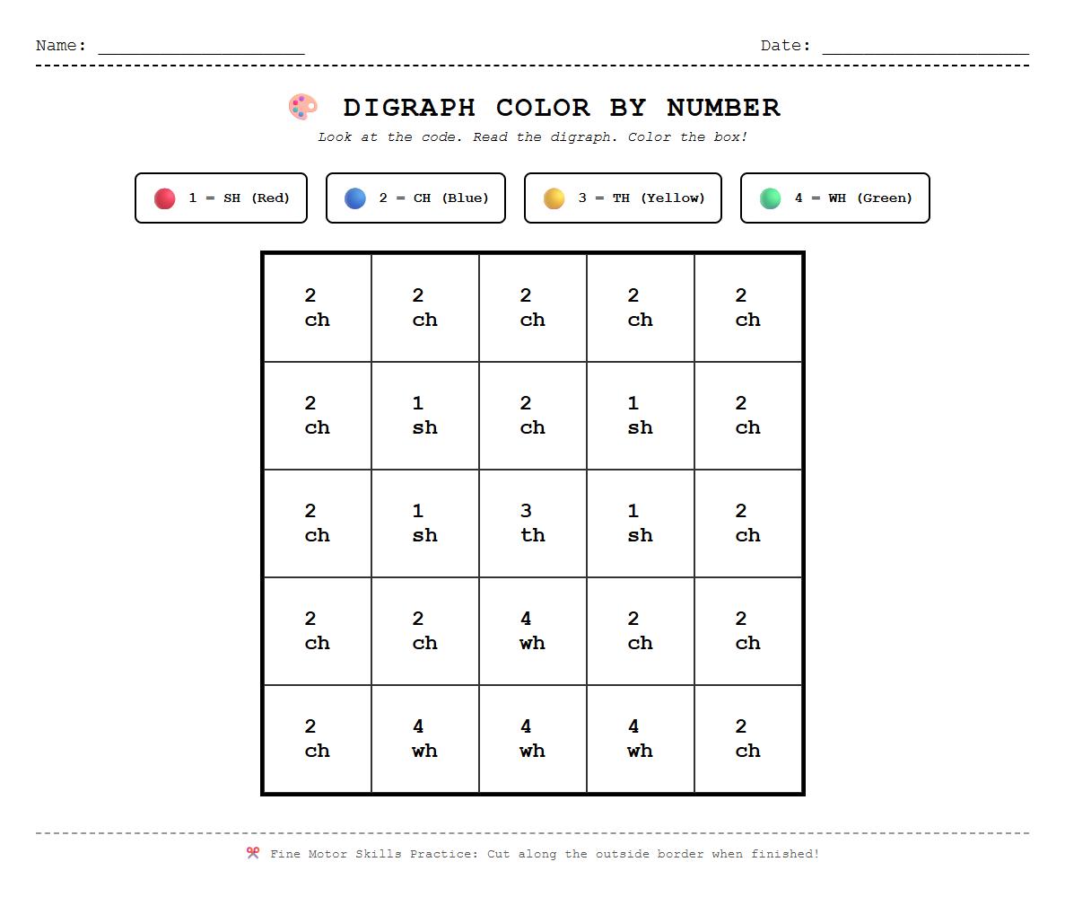 Digraph Recognition Color by Number Phonics Page