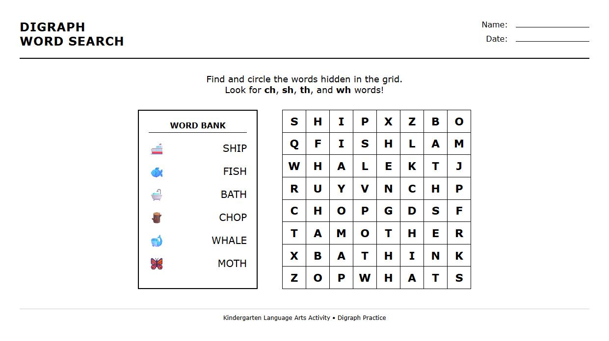 Digraph Word Search Puzzle Worksheet