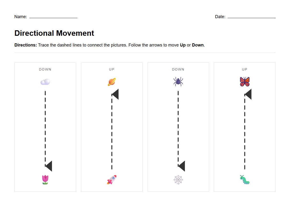 Directional Movement Worksheet with Upward and Downward Line Tracing