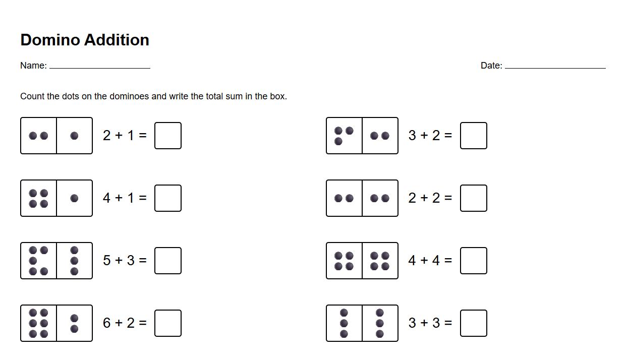 Domino addition worksheet for number bonds