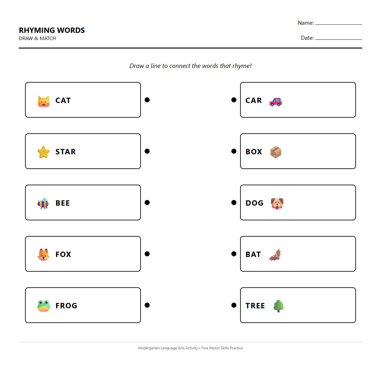 Draw and Match Rhyming Words Pages for Fine Motor Skills