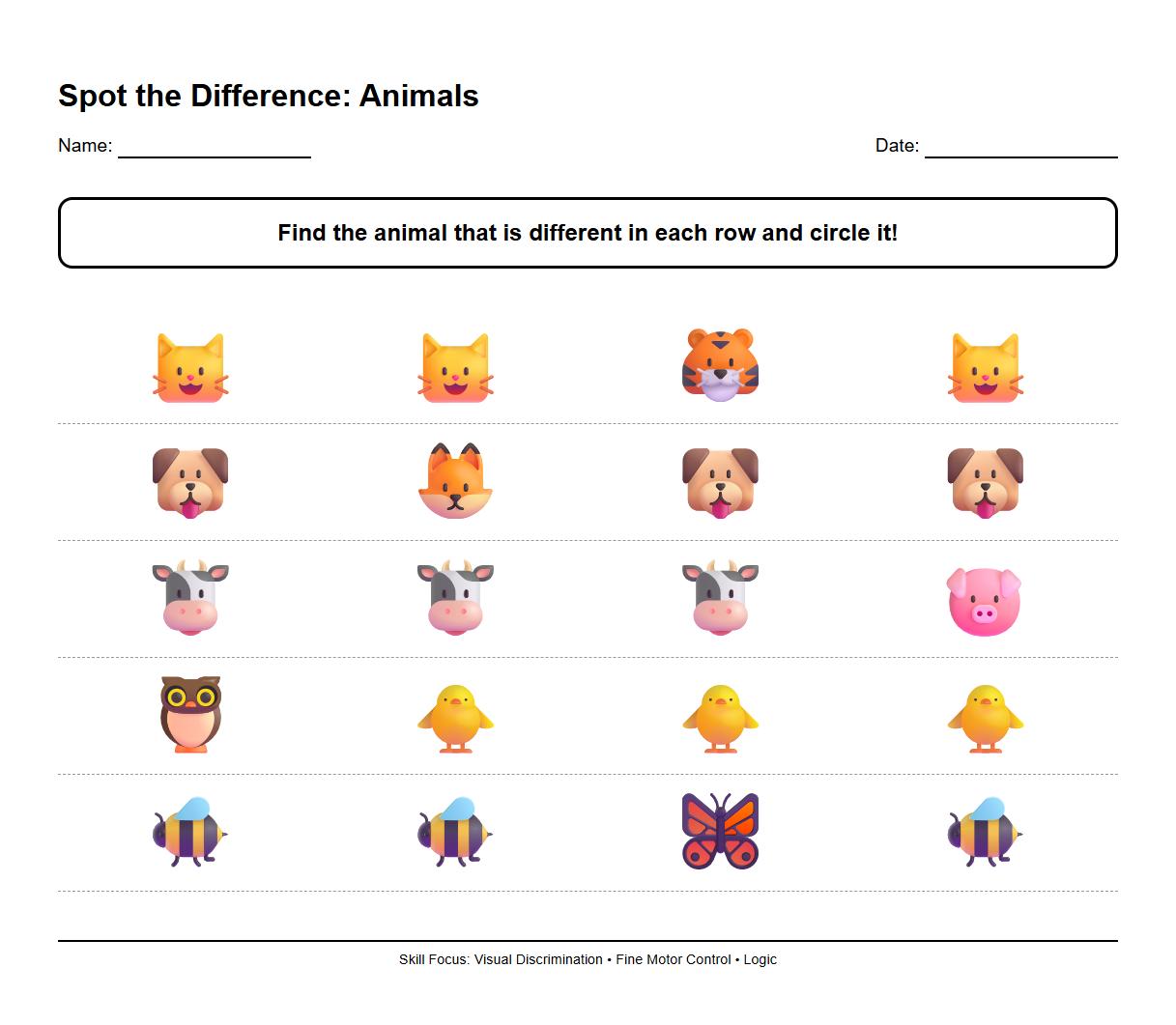 Early Logic Development with Animal Themed Spot the Difference