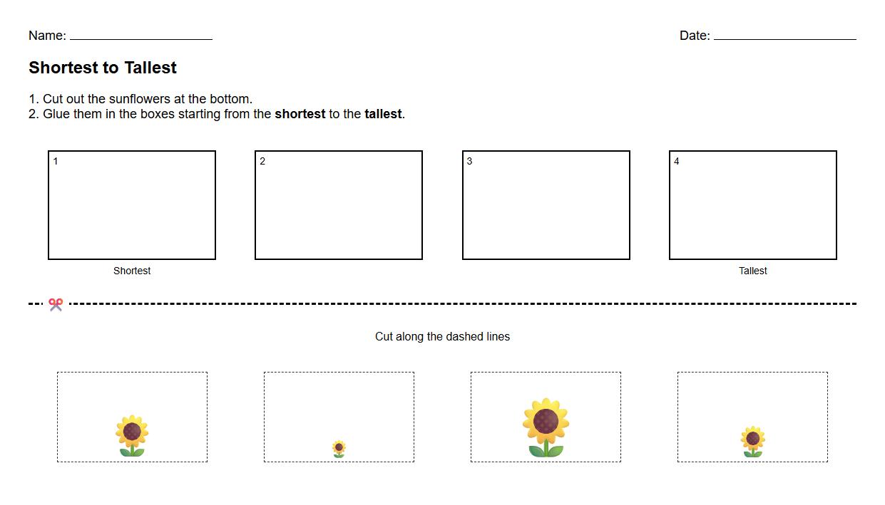 Early Math Phonics Worksheet Arranging Items from Shortest to Tallest