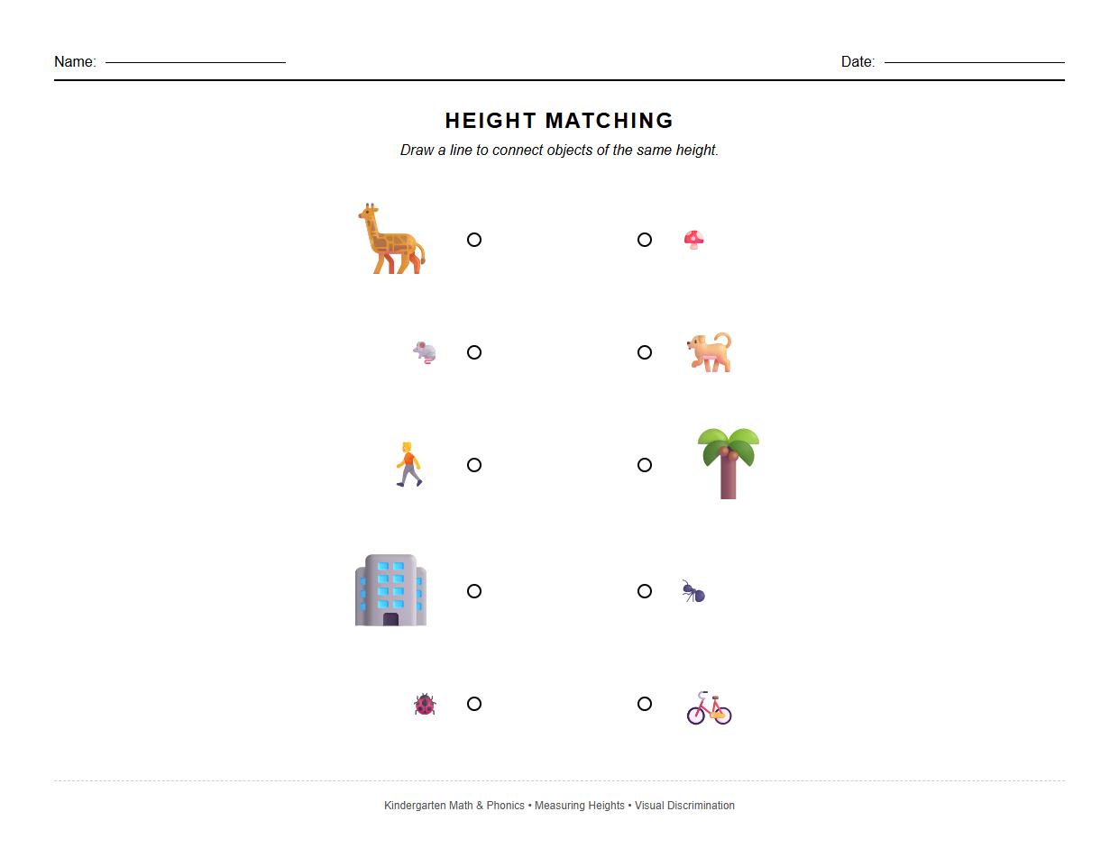 Early Math Phonics Worksheet Matching Objects by Similar Heights