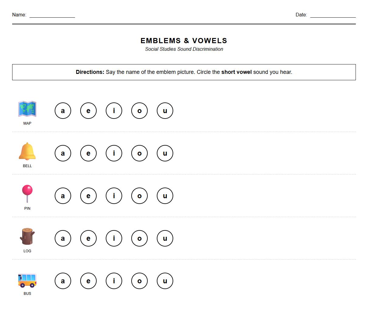 Emblems Vowel Sound Discrimination Worksheet