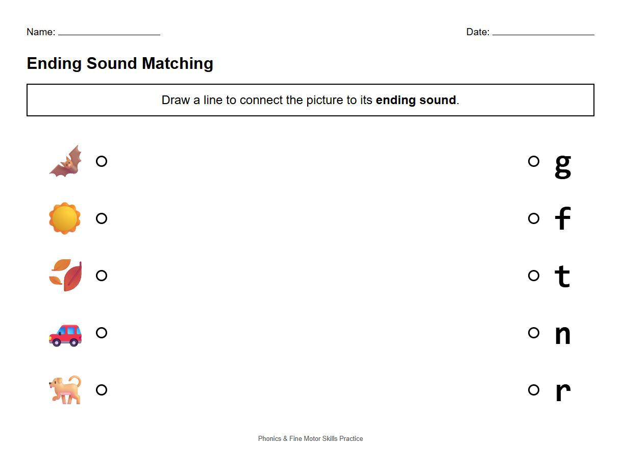 Ending Sound Matching Visual Discrimination Worksheet Phonics
