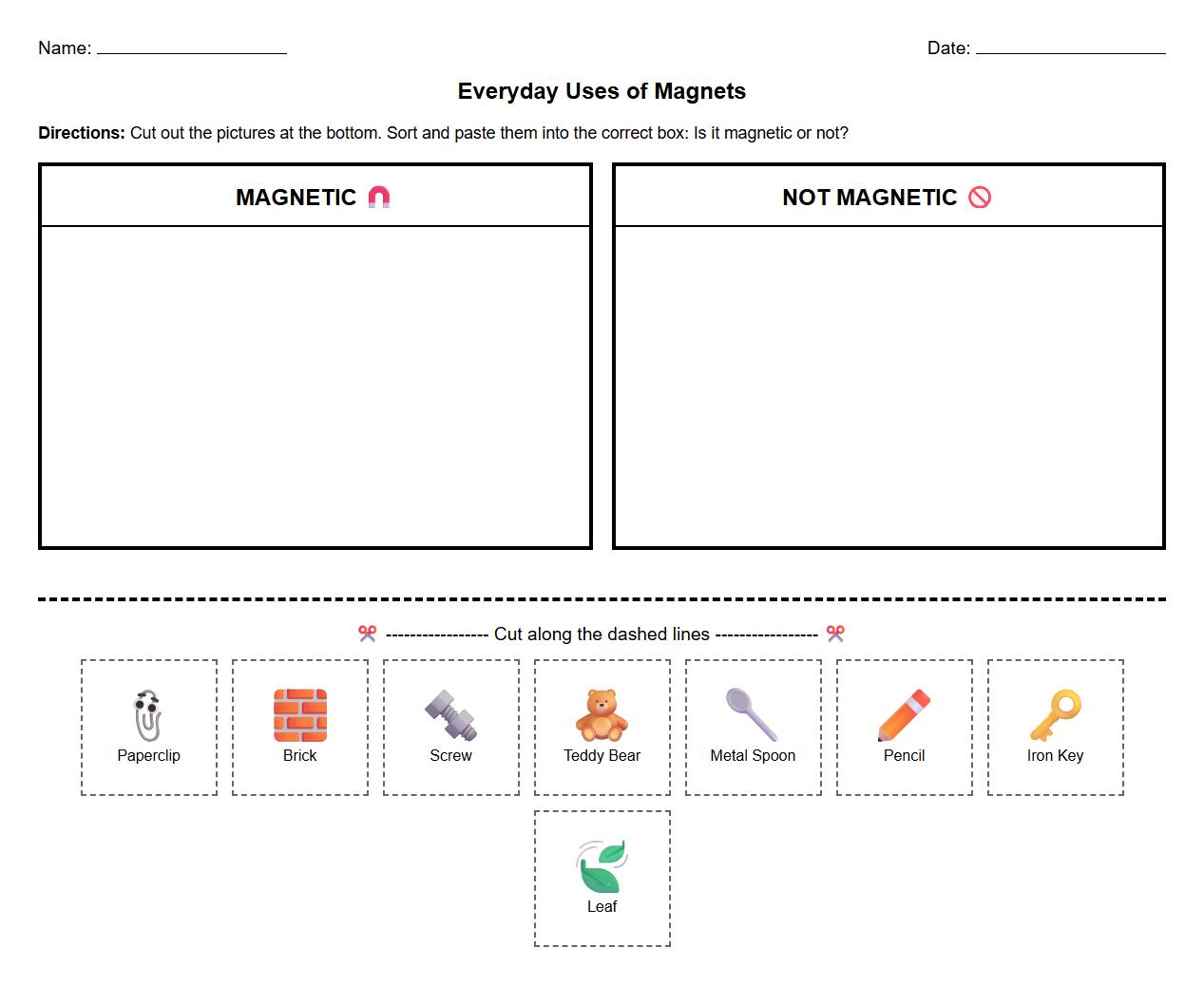 Everyday Uses of Magnets Cut and Paste Worksheet
