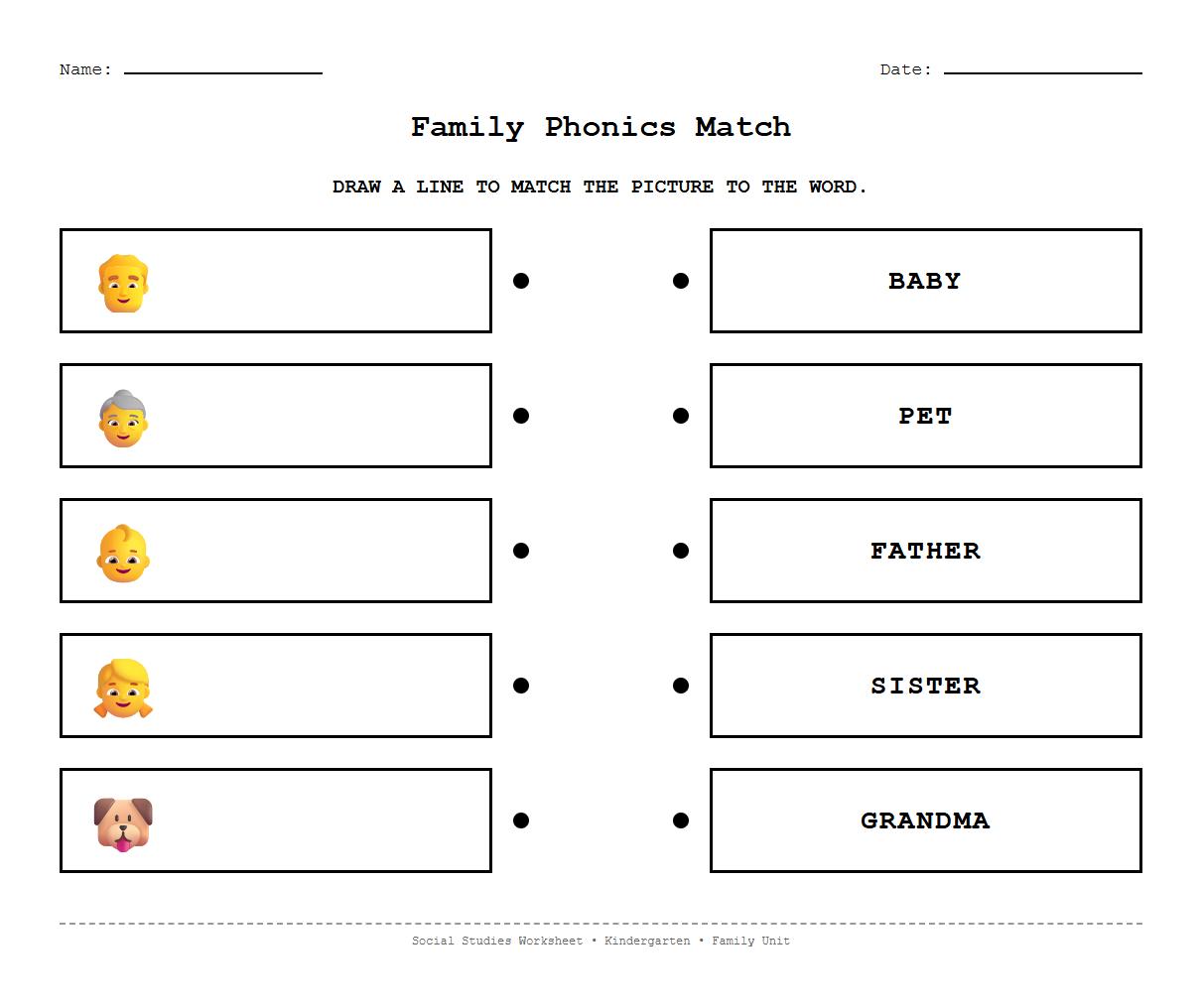 Family Members Phonics Matching Worksheet