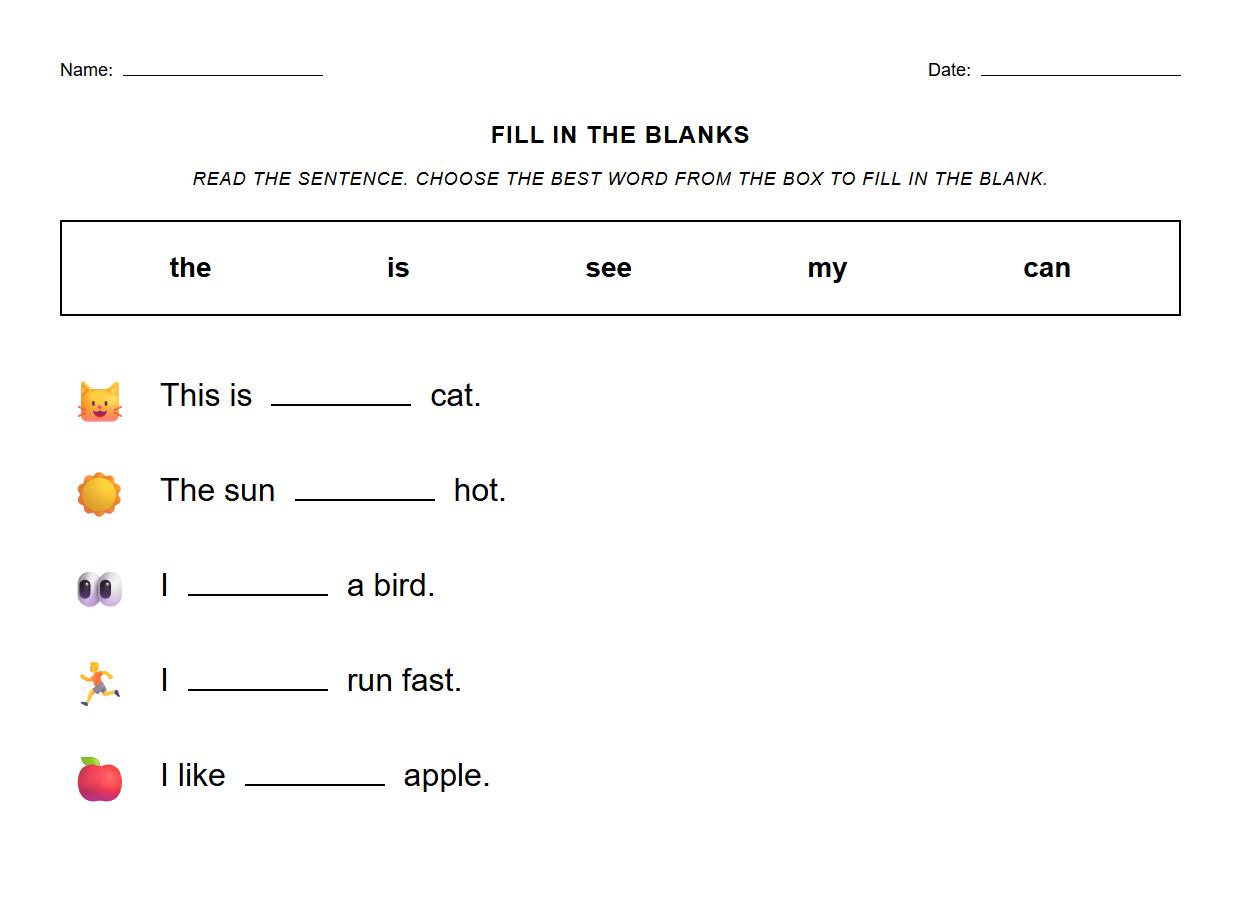 Fill in the Blank Sentences with Sight Words