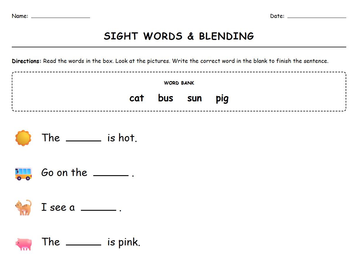 Fill in the Blank Sight Words Blending Exercise