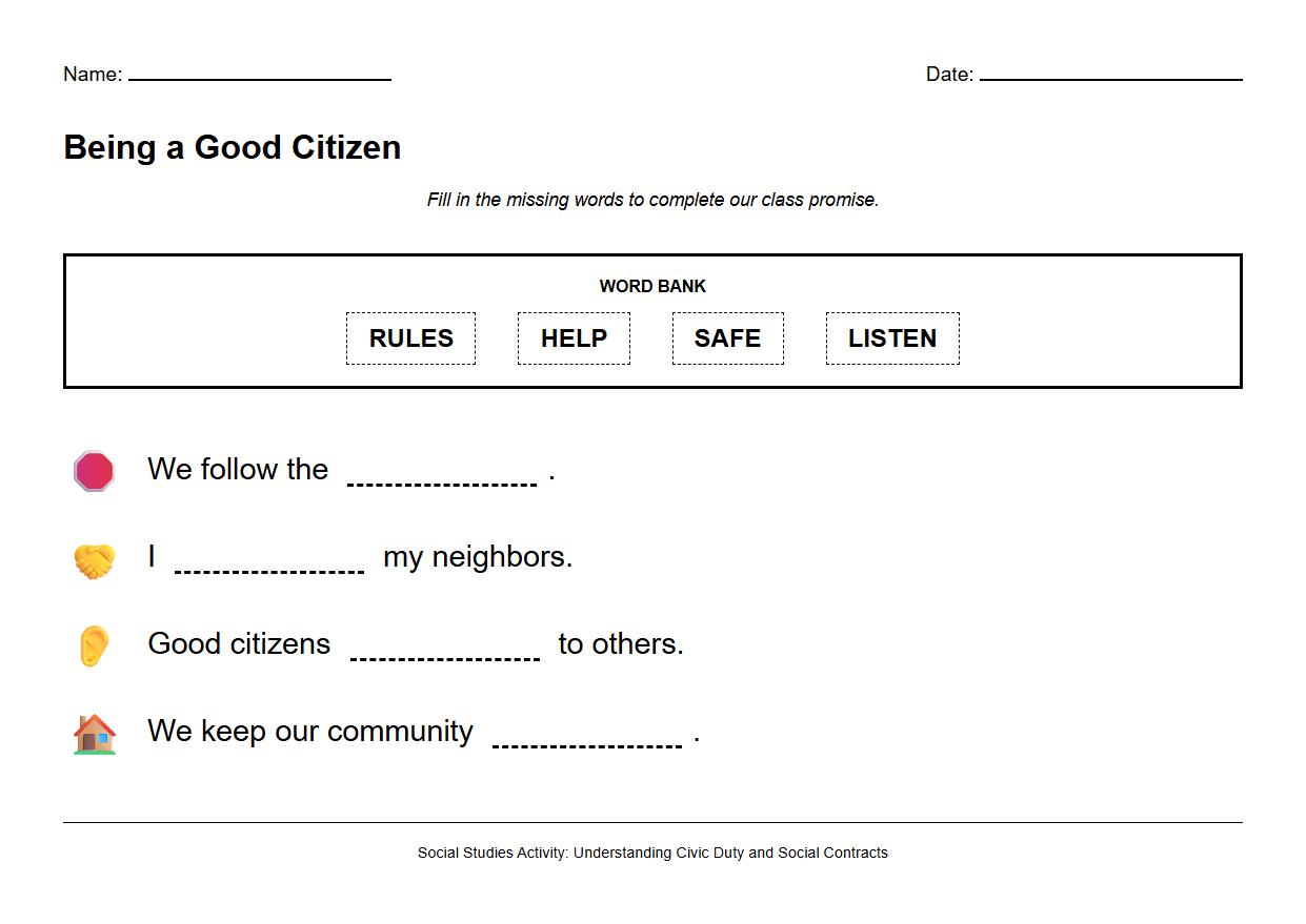 Fill in the Blank Worksheet Focusing on Civic Duty and Social Contract Concepts