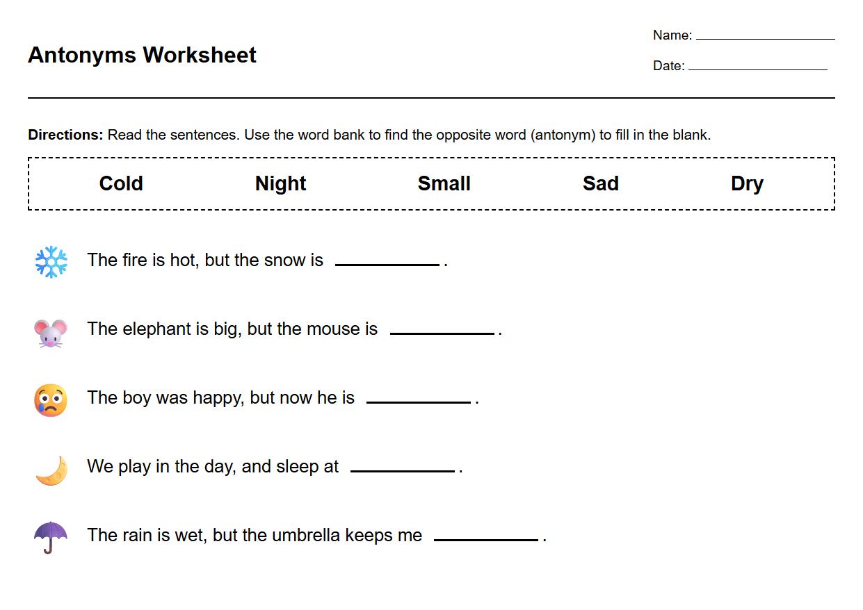 Fill in the Blanks Antonyms Worksheet Utilizing Context Clues