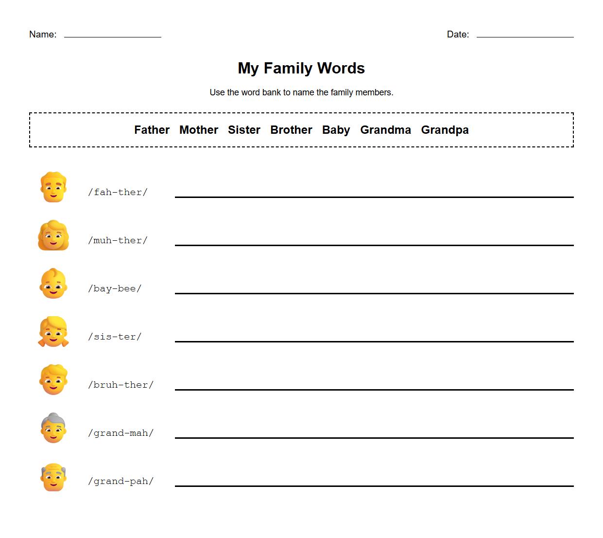 Fill in the Blanks Family Member Name with Phonetic Clues