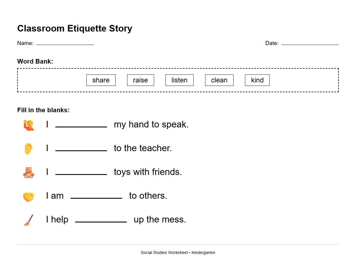 Fill in the Blanks Story Sequence for Classroom Etiquette