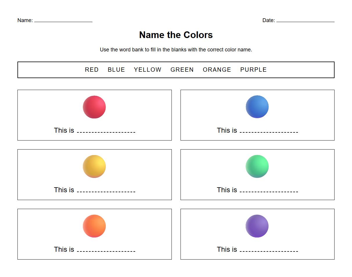Fill in the Blanks Worksheet for Naming Primary and Secondary Colors