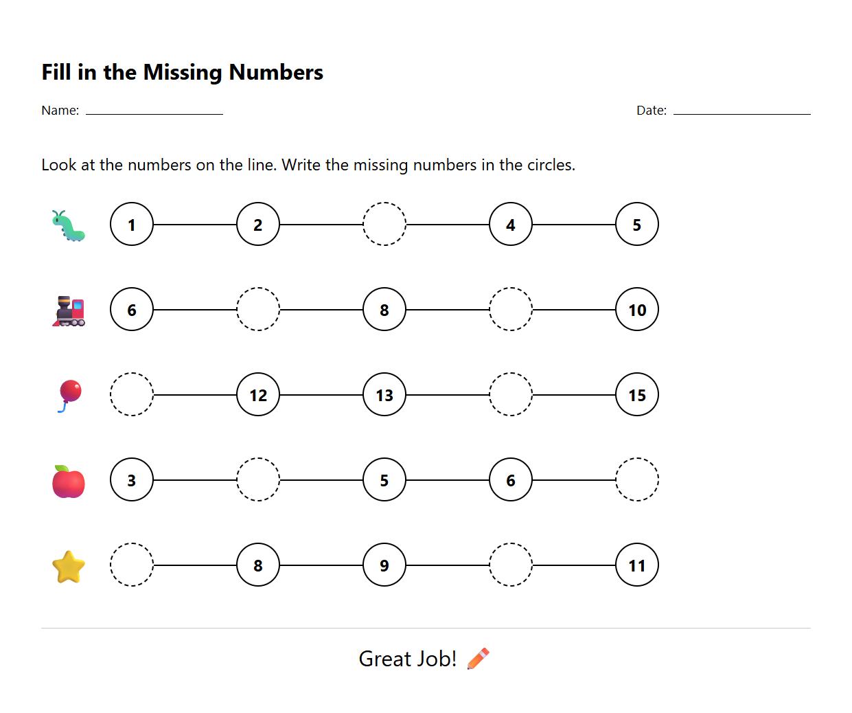 Fill in the Missing Number Line Worksheet