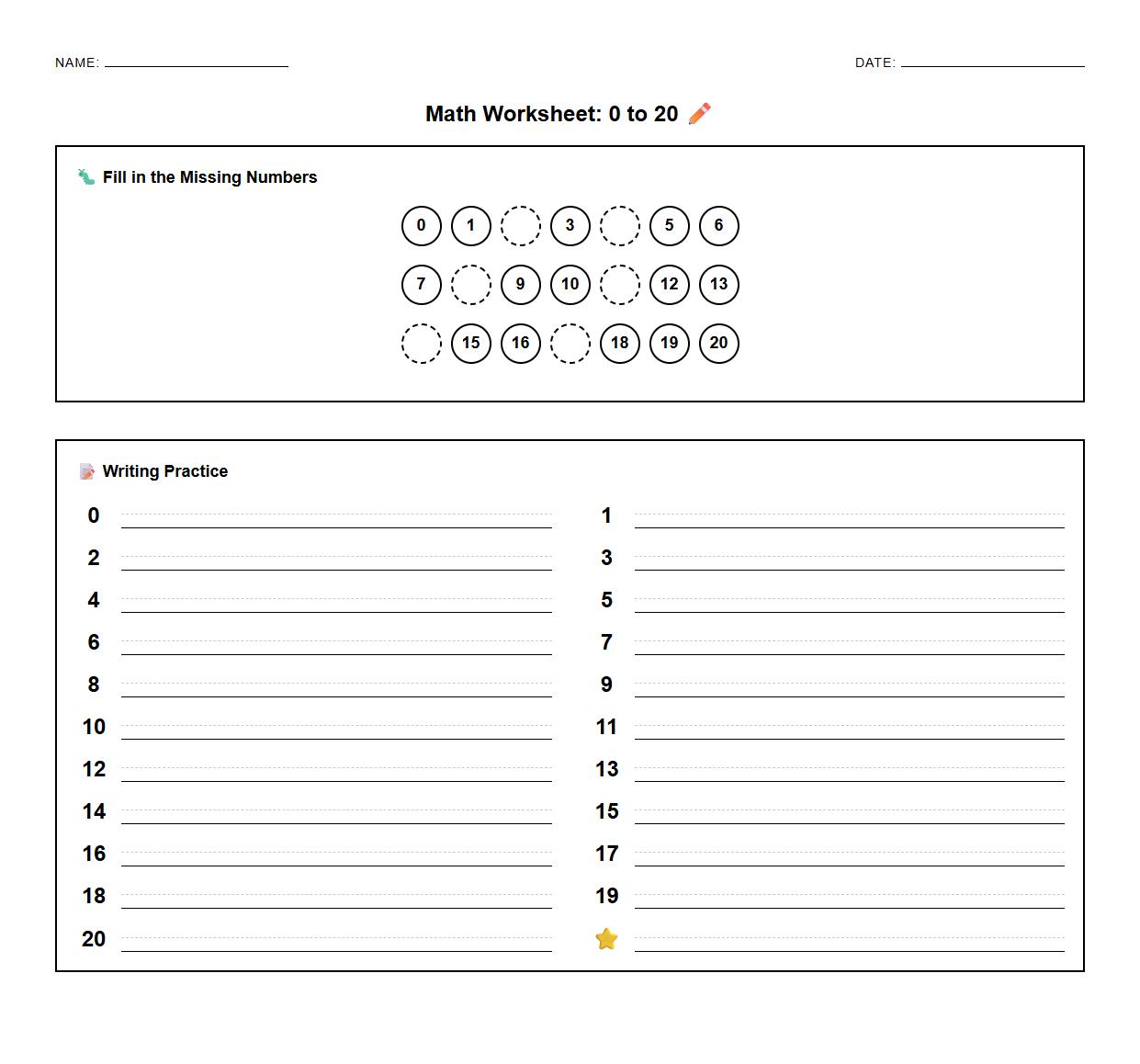 Fill in the Missing Number and Writing Practice 0 to 20 Worksheet