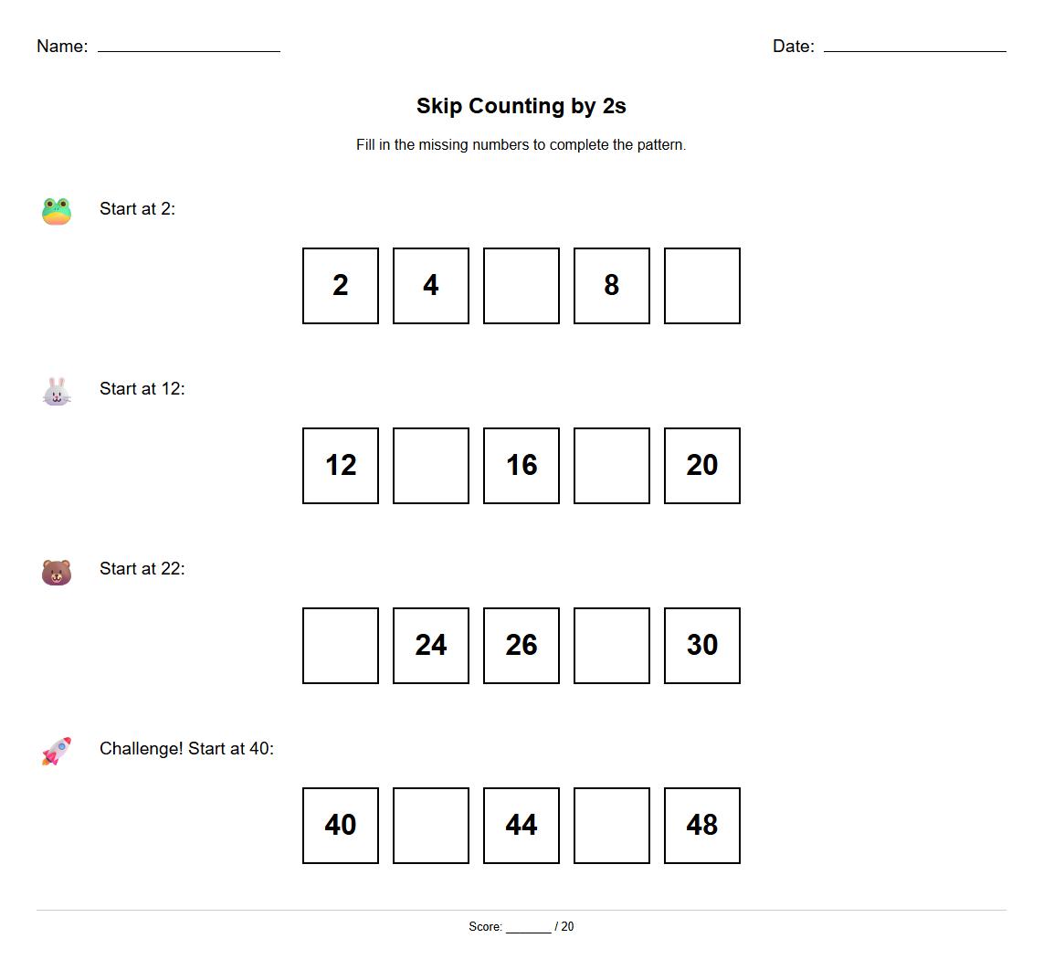 Fill in the Missing Numbers Skip Counting by 2s Worksheet