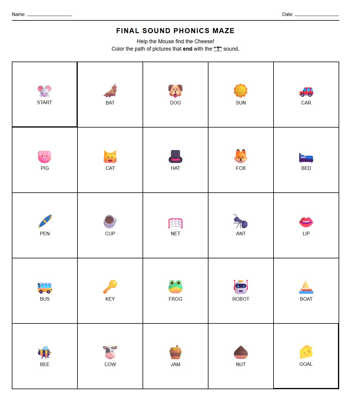 Final Sound Detection Phonics Maze