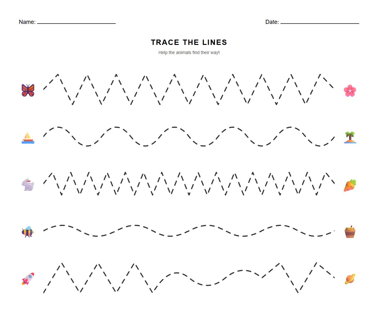 Fine Motor Control Worksheet for Tracing Zigzag and Wavy Lines